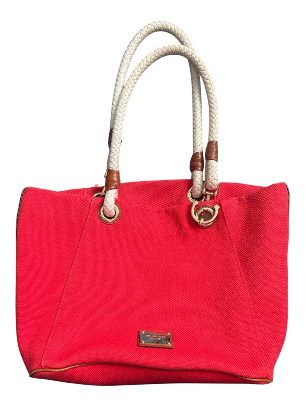 MICHAEL KORS MARINA MANDARIN RED CANVAS CONVERTIBLE PURSE,HAND+GRAB BAG